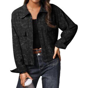Women's Fashion Cropped Ch Black Shirts Button Down Casual Jacket Coat Tops